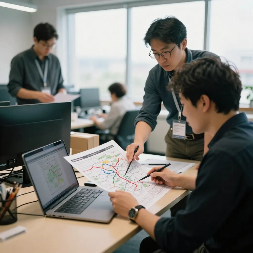 Mapa con diseño artístico y rutas marcadas